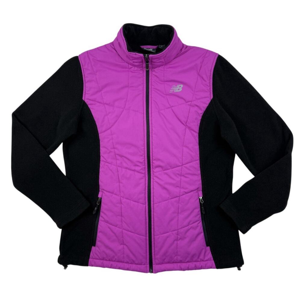 New Balance Jacket Women XL Pink Black Fleece Puffer Mixed Running Gym Activewea